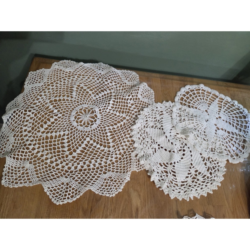 Lot of 3 Vintage Hand Crocheted Star Pattern Doilies off White